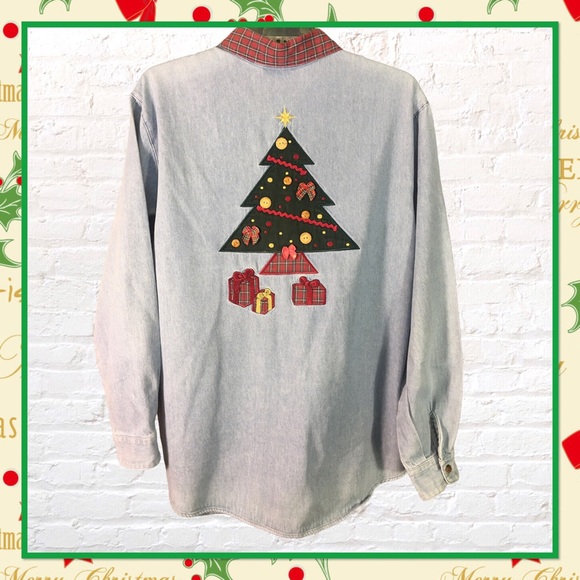 Vintage Denim Christmas Tree Appliquéd Embroidered Shirt - Picture 1 of 6